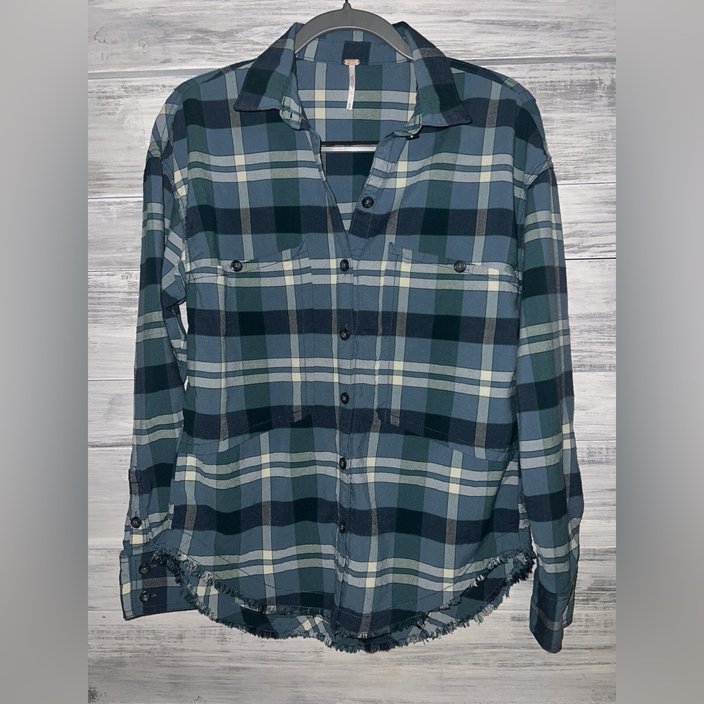 Free People Loveland Plaid Button Down Shirt with Frayed Hem Women Size L Boho